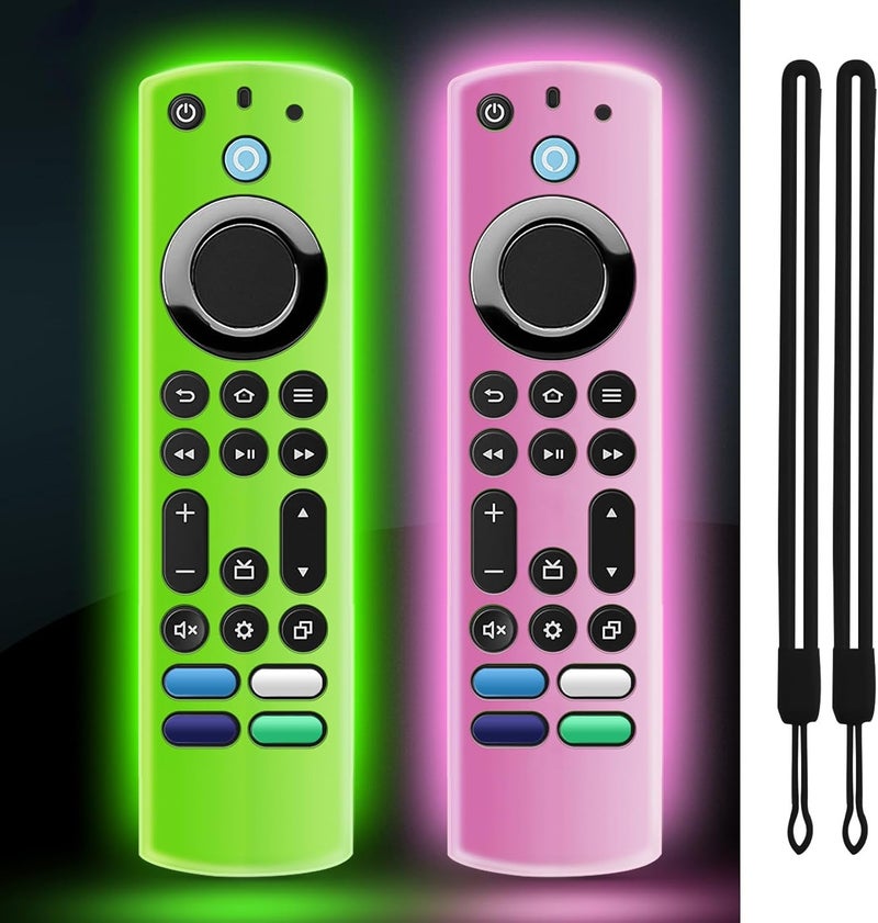 OneBom (2 Pack) Silicone TV Remote Cover, (6.2 Inch*1.5 Inch) Anti Slip Silicone Protective Case with Lanyard(Glow Green&Glow Pink) - Image 1